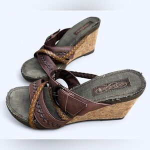 Y2K Skechers Leather Braide Modiste Electric Bond Chocolate Cork Wedge Sandals 8